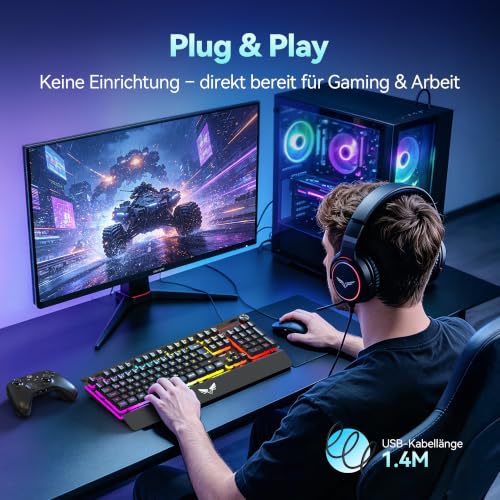 TECKNET Gaming Tastatur, Metallgehäuse Membrantastatur mit Lautstärkeregler – Ansicht 3