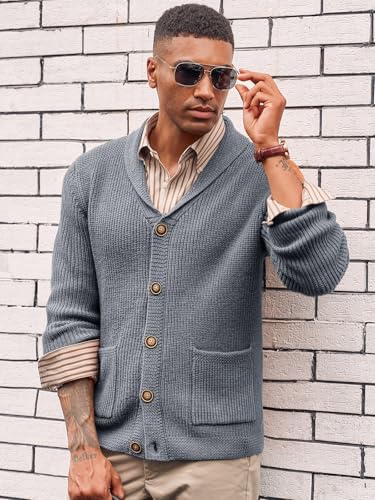 Runcati Mens Shawl Collar Cardigan Sweater Cable Knit Button Down Winter Chunky Sweaters with Pockets4