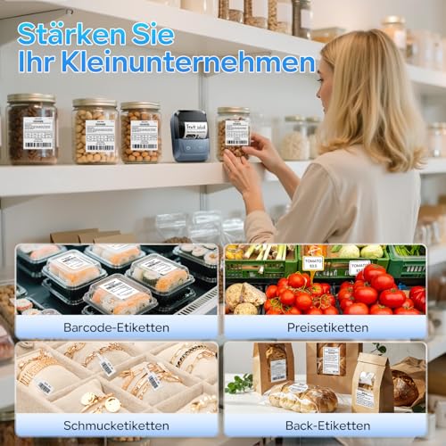 Memoking Etikettendrucker Bluetooth, Tragbarer Etikettendrucker Selbstklebend mit 2000 Symbolen und 300 Vorlagen, Barcode Etikettendrucker für Einzelhandel, kleine Unternehmen, Büro und Zuhause