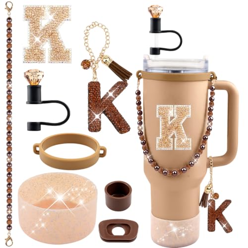 Hpebl 8PCS Brown for Stanley Cup Accessories 30/40 OZ Bling Rhinestones Initials Charms for Stanley Decorations Tumbler Accessories Set Including Diamond Straw Topper, Silicone Tumbler Boot(Letter T) - image 1