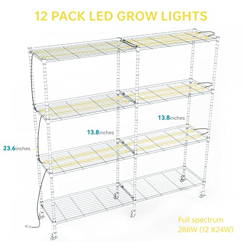 Bstrip Plant Shelf With Grow Light, 4-Tier Large Grow Light Shelf With Adjustable Rack And Wheels, Stainless Steel, 12-Pack 288W T8 Full Spectrum Grow Lights For Seed Starting, Growing, Flowering #TOP6