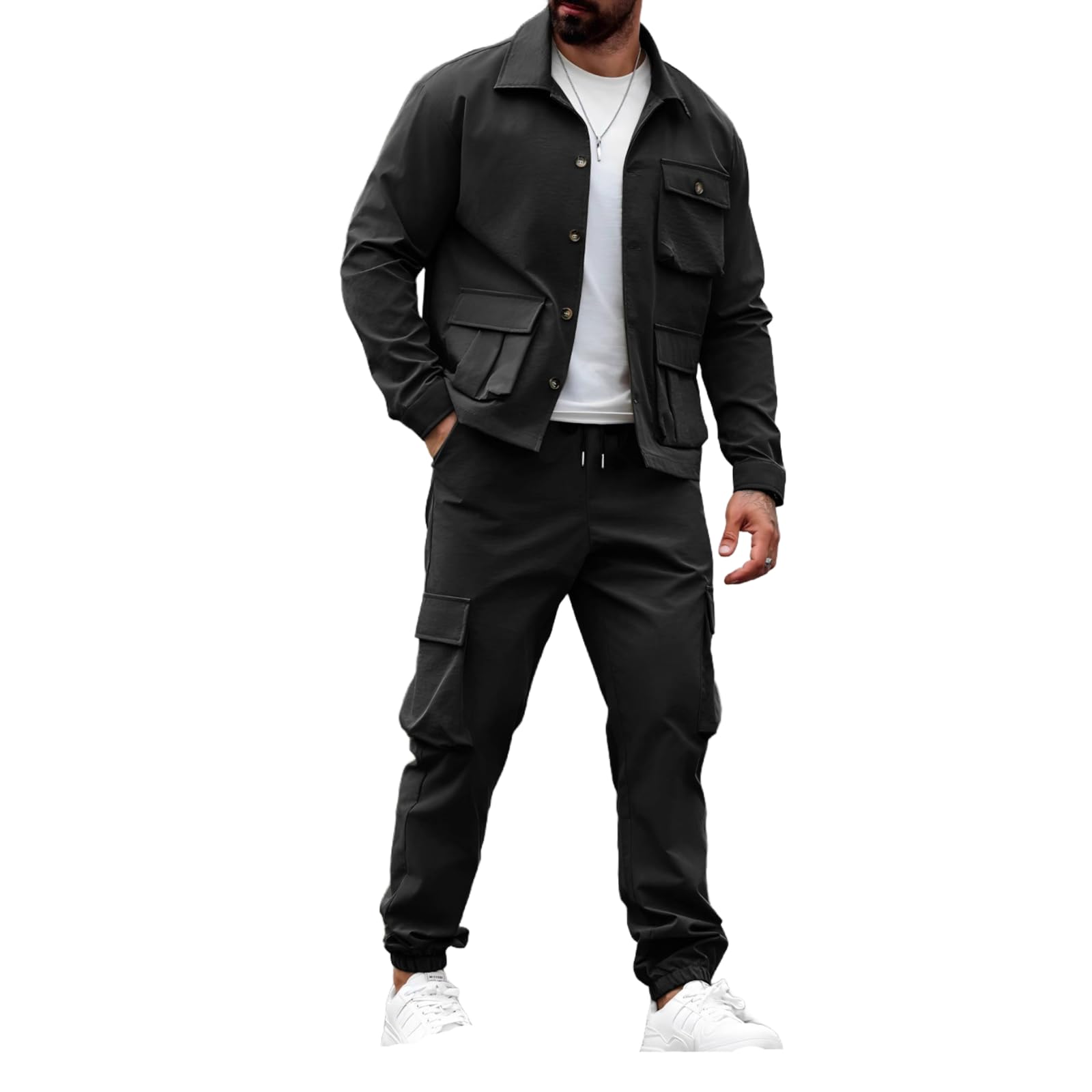 Conjunto De Cargo Retro Americano para Hombre con Múltiples Bolsillos, Chaqueta De Un Solo Botón y Pantalones De 2 Piezas