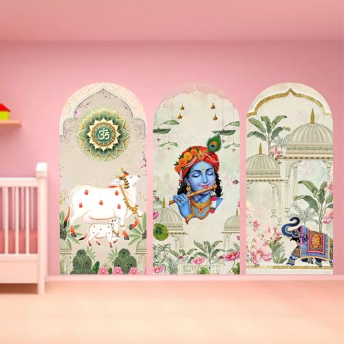 Image of Ridit Creation Lord Krishna Spiritual Wall Poster Set of 3 with Om Symbol, Cow and Elephant Temple Arch Design | Religious Wall Art Poster for Living Room, Pooja Room, Mandir Decoration | Modern Indian Decorative Wall Posters