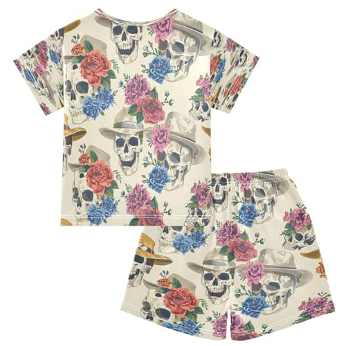 senya Short Sleeve Pajamas Sets Summer Cotton Sleepwear Skulls with Floral2