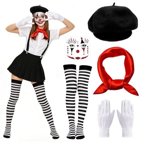 JJKOL 7 Piezas Disfraz Mimo Mujer, Disfraces Mujer Carnaval, Disfraz de Mimo con Boina Bufanda Guantes Tatuaje Facial y Calcetines a Rayas, Disfraz de Carnaval para Cosplay Mascarada Halloween