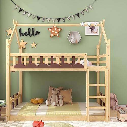KecDuey 90x200cm Kindebett,Etagenbett, Hausbett mit Treppe und Zäune, Mit...