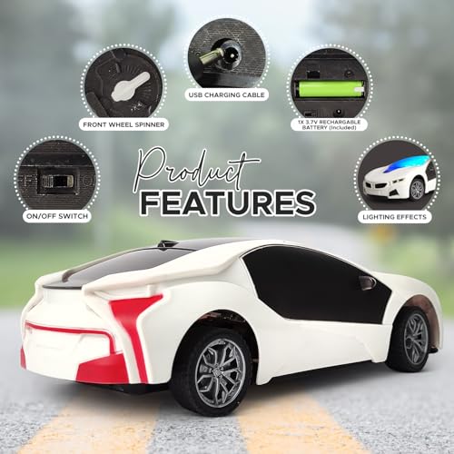 Image of 3D LED High Speed Rechargeable Remote Control Car for Kids, RC Racing Vehicle with Bright Lights, 2 AA Battery Controller (White)