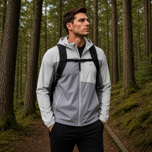 Image of Reebok Mens Softshell Jacket - Lightweight Fleece Mens Jacket with Hood - Weather Resistant Zip Up Windbreaker Coats for Men