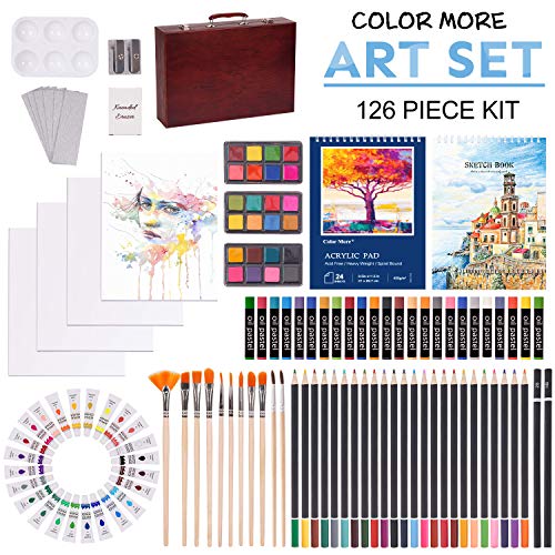 126 Piece Deluxe Art Creativity Set with 2 Drawing Pad, Art Supplies in Portable Wooden Case- Crayons, Oil Pastels, Colored Pencils, Acrylic Paints, Watercolor Cakes, Brushes - Deluxe Drawing Kit - Thumbnail 3