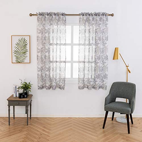 Anjee Sheer Curtains for Bedroom 2 Panels with Printed Leaf Patten, Semi Sheer Curtains Drapes for Living Room, Rod Pocket Window Drapes, 52 x 63 Inches, Grey