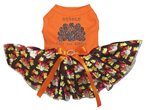 Petitebella Brown Gobble Turkey Till You Wobble Puppy Dog Dress (Orange/Brown Turkeys, X-Small)