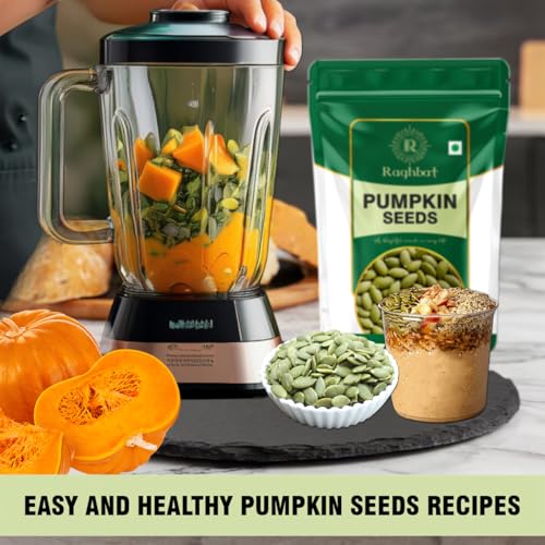 Image of Raghbat Pumpkin Seeds, 500g, Rich in Protein, Dietary Fibre, Magnesium & Phosphorus, Raw & Unroasted Pumpkin Seeds, Source of Iron & Zinc, Handpicked Seeds, Resealable Pack