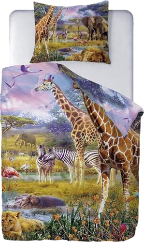Ulticool - Housse de Couette - Parure de lit Safari Animaux Nature Girafe éléphant - 140x200cm - Taie d'oreiller 60x70cm - pour Couette 1 Personne Chambre -...