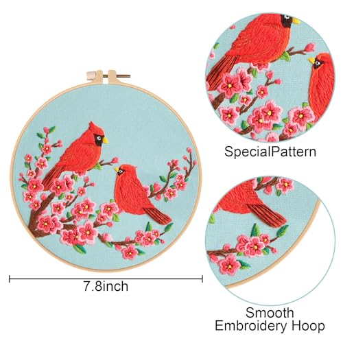 Image of Nuberlic 3 Pack Embroidery Kit for Beginner Adults, Cross Stitch Set with Cardinal & Blue Bird Patterns, Includes Cloth, Hoops, Threads, Needles, Instructions
