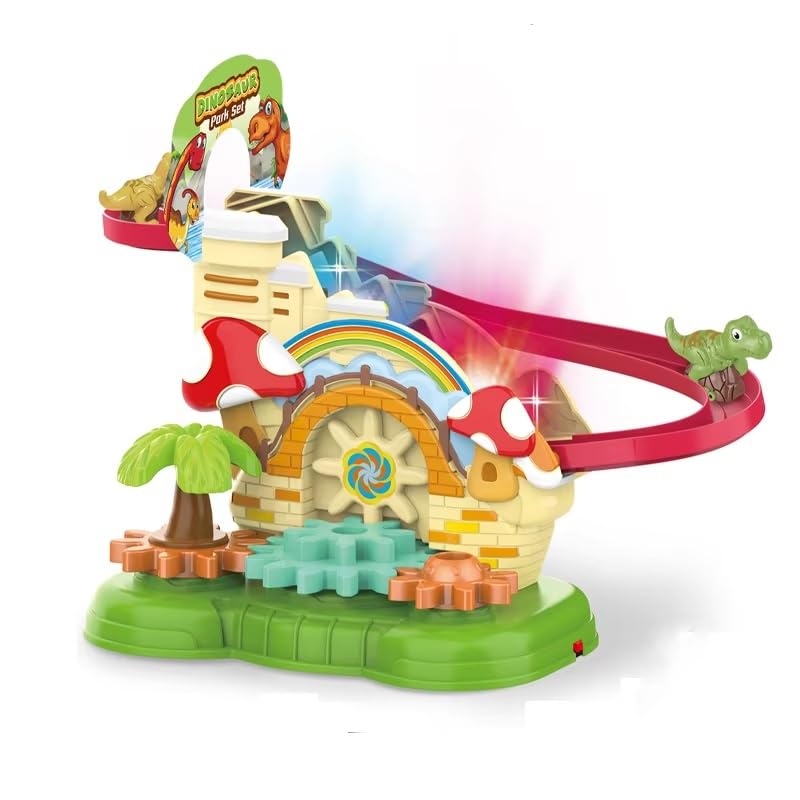 Dinosaur Slide Toy Set, Funny Automatic Stair-Climbing Dinosaur Cartoon Race Track Set Dinosaur Roller Coaster Escalator Toy with Flashing Lights & Music (Dinosaur Track Set)