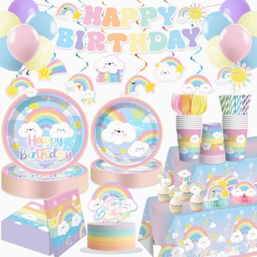 Xynic 174pcs Rainbow Birthday Decorations Tableware Complete Party Set Rainbow Birthday Party Decorations includes Pastel-Rainbow Paper Banner Plates Napkins Cups Forks etc Serves 25 Guests