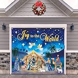 7 x 8 FT Christmas Nativity Garage Door Banner Decorations, Holy Night Religious Joy to The World Garage Door Cover Nativity Scene Jesus Birth Backdrop for Xmas Holiday Winter Church Party Supplies