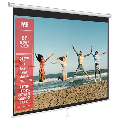 Pyle Manual Pull Down Projector Screen - Universal 100-inch Roll-Down Retractable Manual Screen w/...