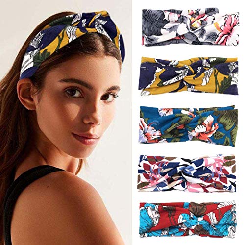 Vinzar Boho Criss Cross Headbands Stretch Yoga Hair Bands Flower Fabric Head Warps Accessories for Women and Girls (flower3-5 pack)