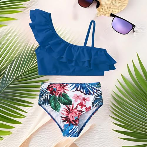 Girls Two Pieces Swimsuit Ruffle One Shoulder Bathing Suits Kids Flounced Beach Pool Swimwear for 6-13 Years2