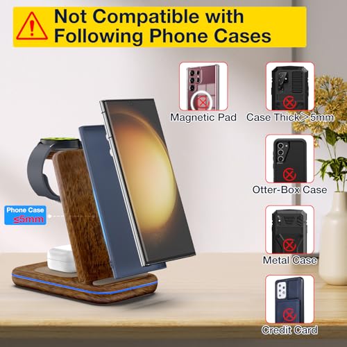 Image of Wireless Charger for Samsung /Android, HOLYJOY Foldable 3 in 1 Fast Charging Station /Stand /Multi Charger for Samsung S25 Ultra /S24 /Note 20, Travel Pad for Galaxy Watch 8 /7 /6 /5 /Active 2, for Buds(Wood)