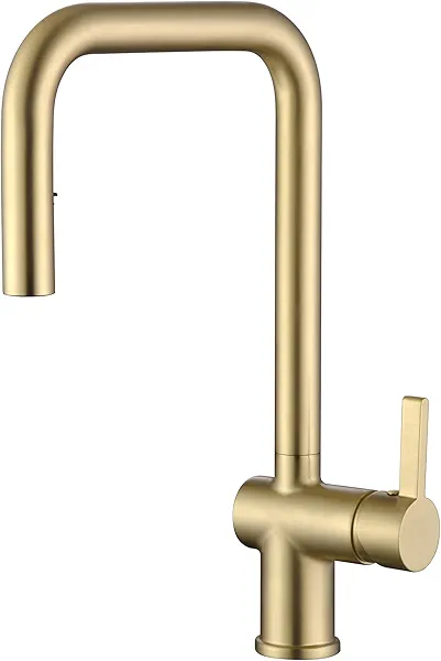 SUMERAIN Pull Out Kitchen Faucets with Dual Sprayer Mode, Single Hole Stainless Steel Modern Kitchen Sink Faucet Brushed Gold