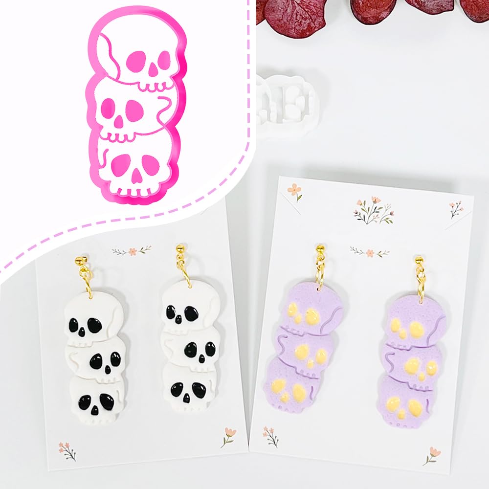 Xaekicr Halloween Skull Polymer Clay Cutters – 3-Stacked Skull Shape Clay Earring Cutters for DIY Jewelry, Polymer Clay Molds, Clay Tools – Halloween Cookie & Earring Making Supplies