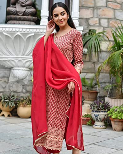 Image of GoSriKi Women's Cotton Blend Embroidered Straight Kurta with Pants & Dupatta (Dumas)