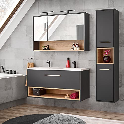 Lomadox Badmöbel Set in anthrazit mit Artisan Eiche Nb. mit Doppelwaschtisch und Spiegelschrank, B/H/T: ca. 172/200/46 cm