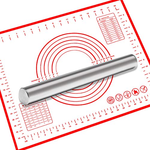 French Rolling Pin 157inches with Silicone Baking Mats Set Stainless Steel Roller Pins for Baking Dumpling Dough Pastry Pizza Cookie Non-stick and Safe