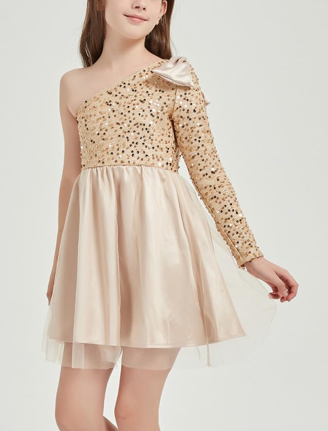 EXARUS Girls Sequin Sparkle Party Tulle Tutu Dress One Shoulder Fancy Long Sleeve Special Occasion Short Dress2