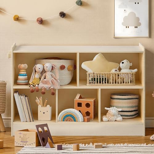 Image of Wooden Kids Storage Cabinet, 5-Section Toddler Montessori Bookshelf, Kids Organizer for Classroom, Playroom, Kindergarten, Medium Size
