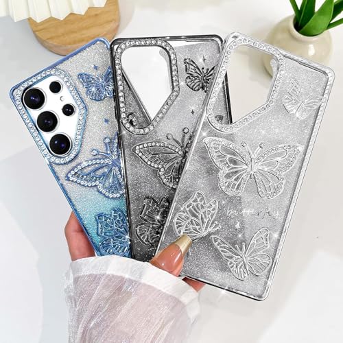 Image of Elzzi Electroplated Butterfly Phone Cover for Samsung S25 Ultra Case, Showcasing Pearlescent Diamond Soft TPU, Camera Protection, Shockproof, Dropresistant Stylish for Girls & Women (Blue)