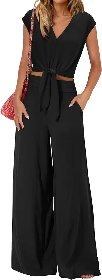 PRETTYGARDEN Women's Summer 2 Piece Outfits 2025 Cap Sleeve V Neck Belted Crop Tops Wide Leg Pant Sets Casual Tracksuit
