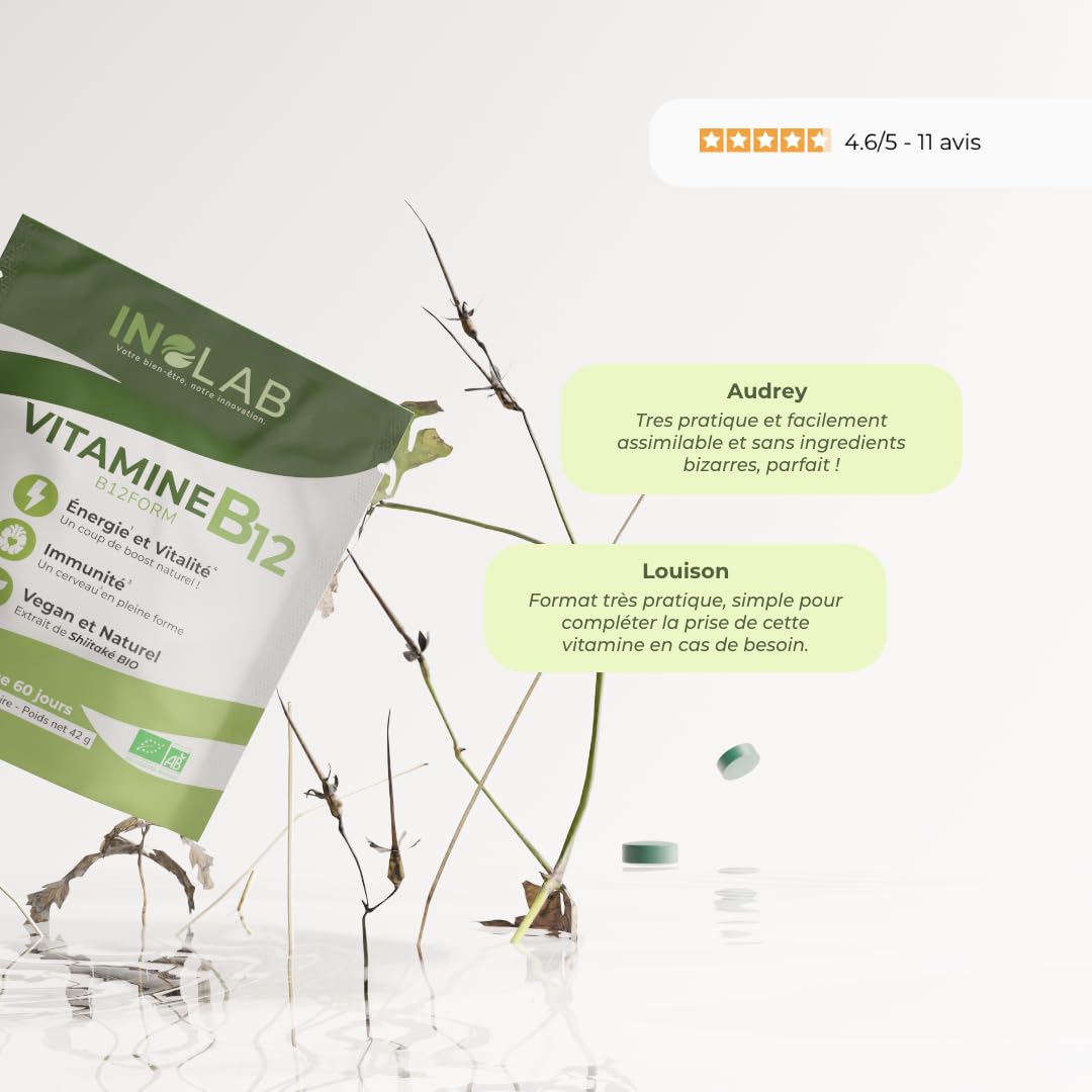 INOLAB VITAMINE B12 - Biologique, Vegan/Extrait de Shiitaké Bio/Methylcobalamine, Adénosylcobalamine & Hydroxocobalamine/B12FORM Haute biodisponibilité