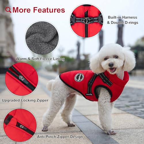 Aimydog Hundemantel Winter, Wärme Hundejacke Mit Brustgurt Gurt Winddichte mit bauchschutz, Haustier Outdoor Reflektierend Hundeweste mit Fleece Gefütterte für Kleine (Rot, S)