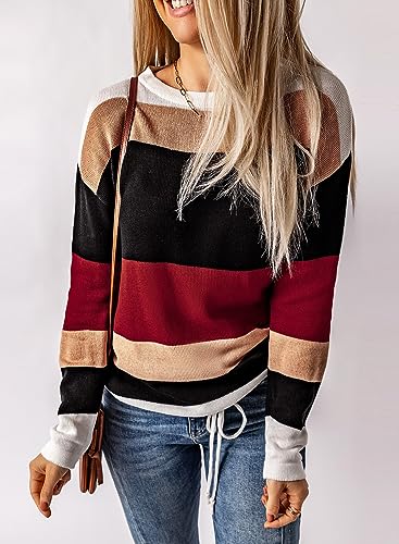 Image of Dokotoo Womens Sweaters Striped Fall Winter Outfits Drawstring Color Block | Long Sleeve,Crewneck,Lightweight Fashion Clothing,Teachers Comfy Outfits,Business Casual Tops,Vacation Wear