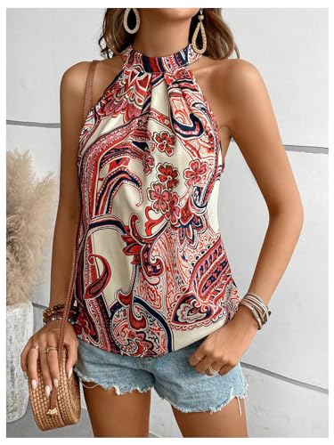 Image of RoseSeek Women's Tropical Paisley Halter Blouse Boho Shirt Vacation Tops