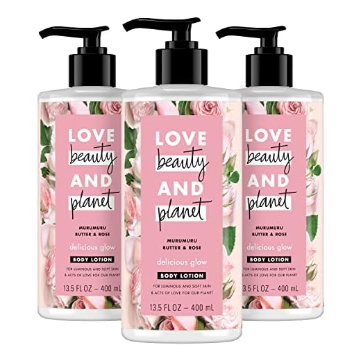 Love Beauty and Planet Loção corporal Delicious Glow para pele macia e brilhante, ingredientes naturais de manteiga Murumuru e rosa, hidratantes à base de plantas, veganos, sem crueldade, 383 g (pacote com 3)