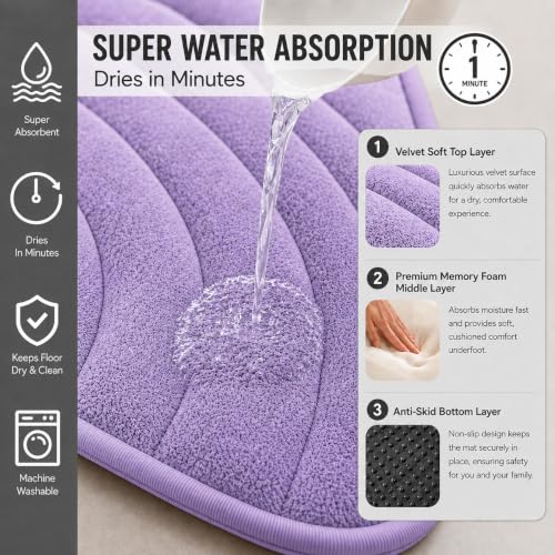 Image of Premium Memory Foam Bath Mat | 40x60cm Super Absorbent Velvet Bathroom Rug | Non-Slip Machine Washable Floor Mat (Lavender Mist)