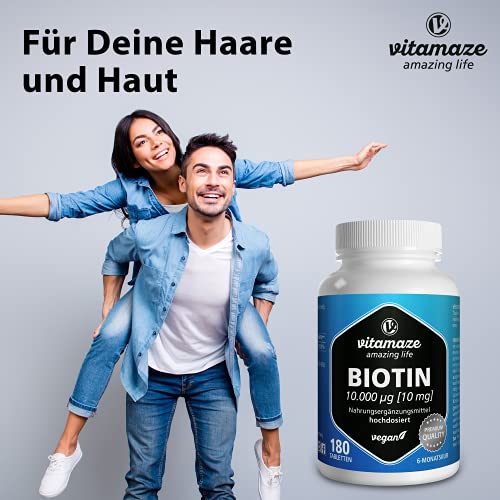 Foto von Biotin 10000 mcg hochdosiert vegan, 10 mg reines Biotin (Vitamin B7), für Haarwuchs & Haut, 180 Tabletten für 6 Monate, Natürliche Nahrungsergänzung ohne Zusatzstoffe, Made in Germany