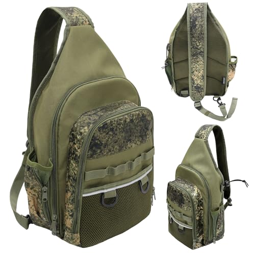 MYDAYS Fishing Sling Tackle Storage Bag, Lightweight Outdoor Sling Tackle Backpack for Fishing Gear and Equipment (Green Camo)