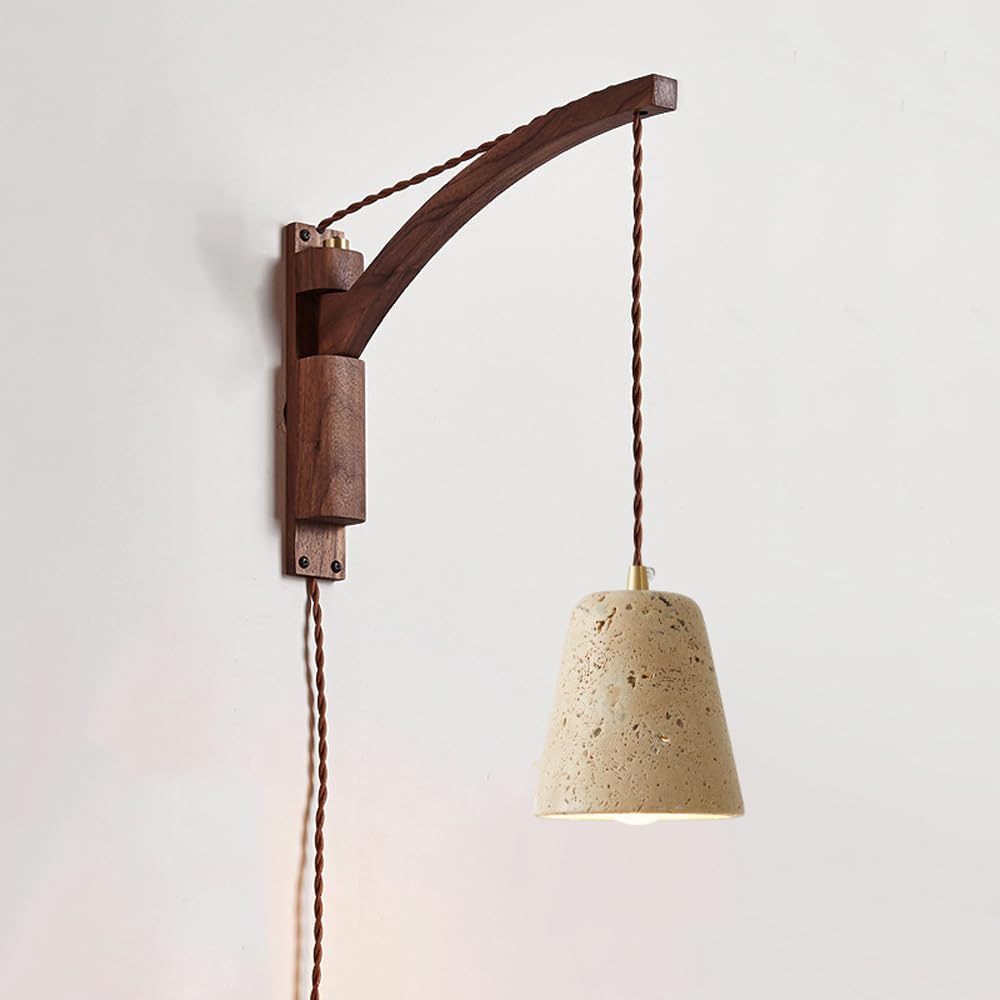 ITOSUI Mid Century Plug-in Wall Sconce Swing Arm - Adjustable Rustic Wood and Marble Reading Light for Bedroom, Living Room, and Farmhouse(B Style)