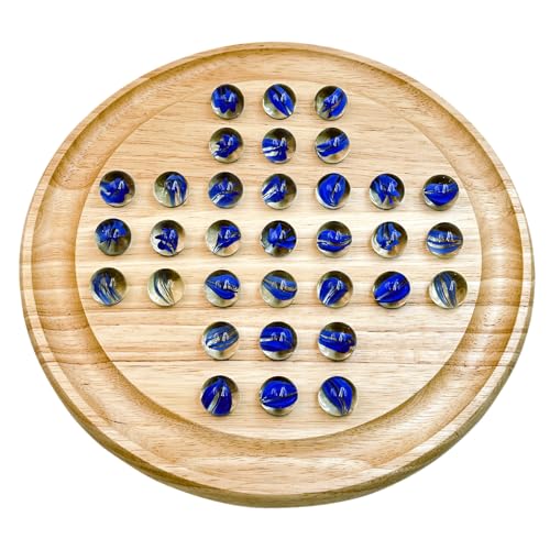 Marble Solitaire Board Game Set - Wooden Round Board with Glass Marbles for Family Game Night, Strategy Puzzle Toys for Adults Kids, Classic Peg...