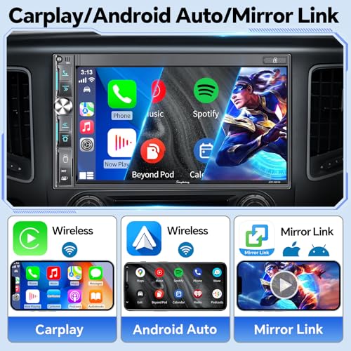 Image of QLED Double Din Car Stereo with Dash Cam & Backup Camera, Wireless Apple CarPlay & Android Auto, Bluetooth, 4.2-Ch 2 Subwoofers Outputs, 7 inch Touchscreen, MirrorLink, FM /AM Radio