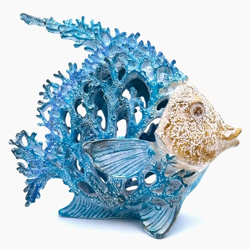 VVGIFTS Beach Coastal Decor Coral Reef Angelfish Home Office Desk Decor Sculpture Statue for Tabletop Shelf Bathroom Decoration Ornament Gift Turquoise and Blue