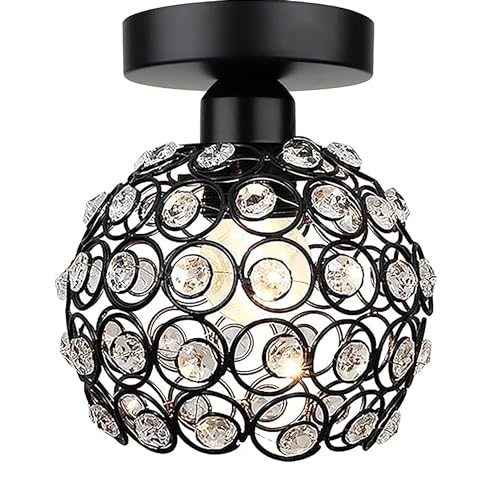 Image of Modern Crystal Flush Mount Ceiling Light | Gold Finish Decorative Ceiling Lamp for Hallway, Bedroom, Living Room, Balcony & Foyer | Warm Light Home Decor Fixture (Black Dual Ring)