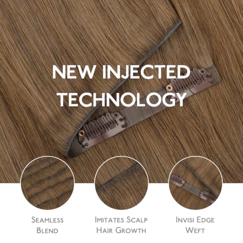 Image of WENNALIFE Invisible Edge Seamless Clip in Hair Extensions Real Human Hair | 22'' 150g 7pcs Balayage Chestnut Brown Mixed Dirty Blonde. Thin PU Weft, Easy, Comfortable Clip in Remy Hair Extensions