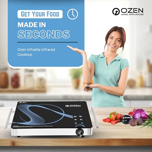Image of OZEN 2200W Infrared Induction Stoves with Grill Rack for Barbecue, 3 Preset Cooking Modes, Crystal Glass Plate, Digital Display, Touch Control, SS Handle, Infrared Cooktop Chulha Hot Plate (Blue)