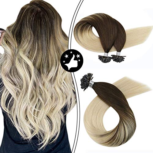 Moresoo 18 Inch Tipped Hair Extensions Utip Human Hair Extensions Remy Hair Fusion Balayage Color #2 Darkest Brown Fading to #60 Platinum Blonde Keratin Bond Hair Extensions 50s 50g Per Package